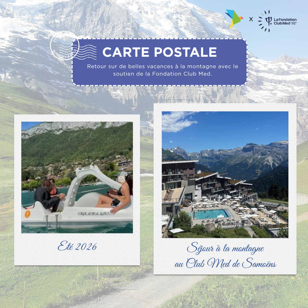 Visuel présentant le séjour à la montagne des jeunes de l’Accueil Éducatif des Trois Rivières à Samoëns. Deux photos de type polaroid montrent une activité de pédalo sur un lac et une vue du Club Med entouré de montagnes.